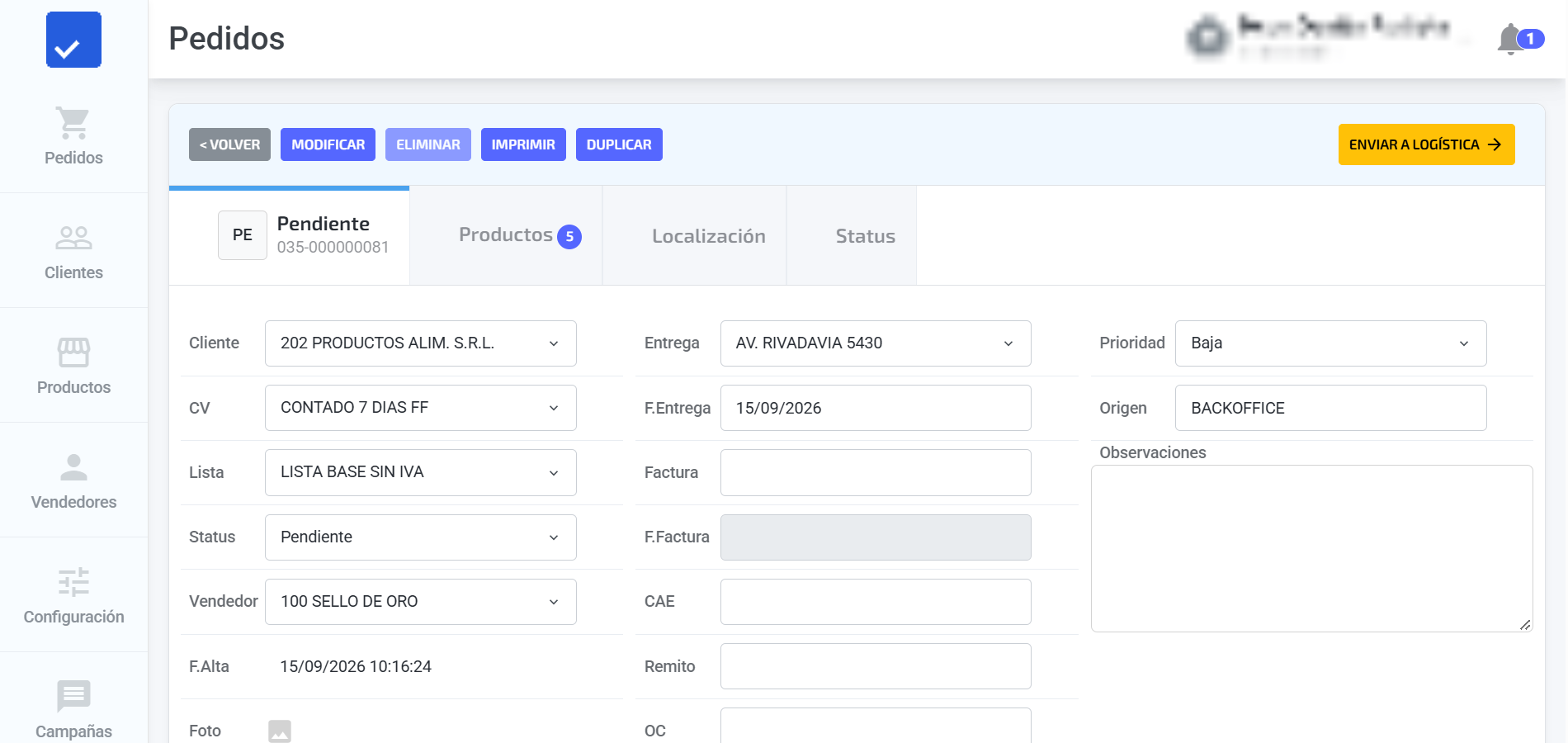 Detalle de pedido — backoffice de onRoad