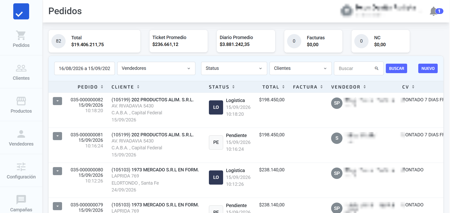Pedidos — backoffice de onRoad