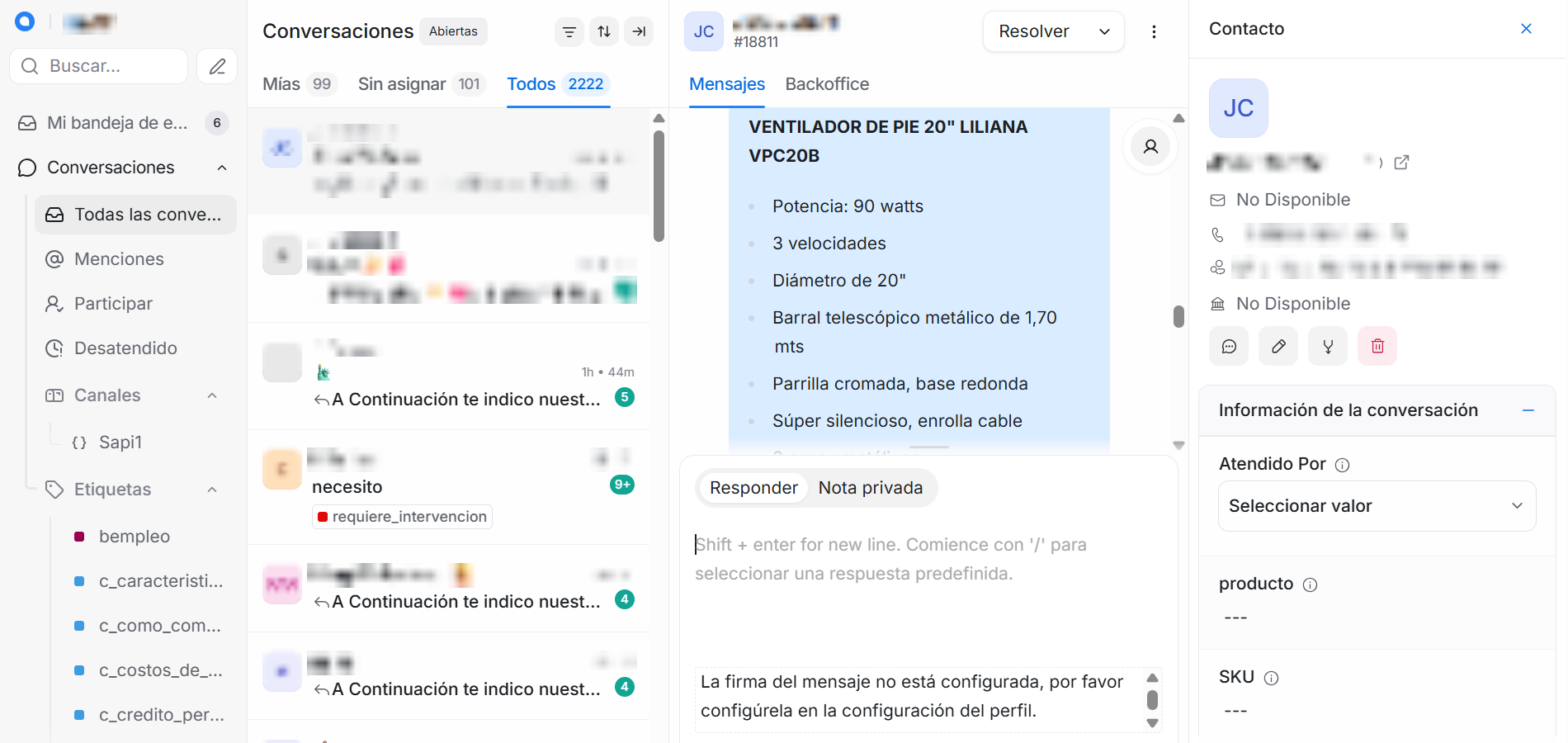 Bandeja del equipo con las conversaciones del agente