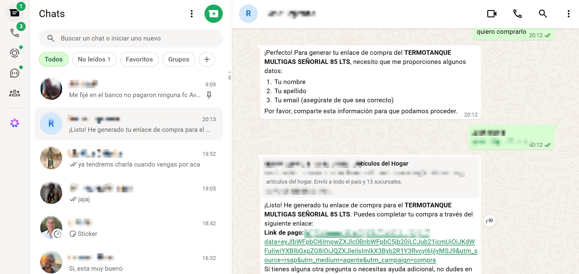 El agente genera el link de pago en la conversación