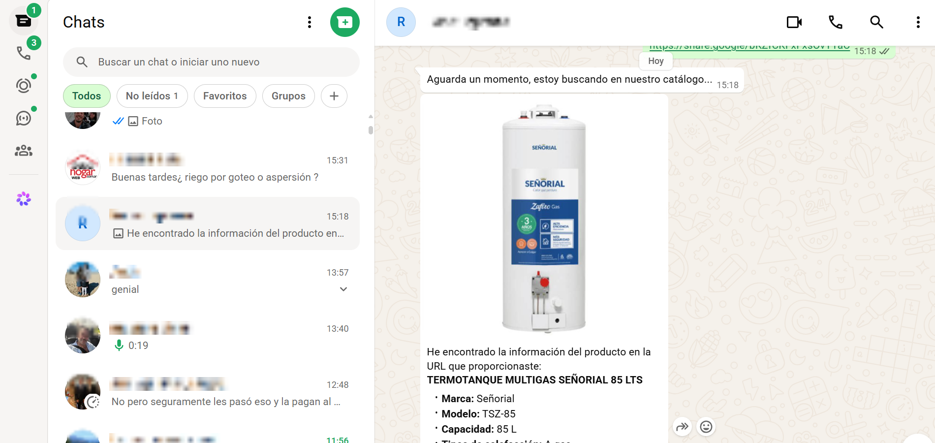 El agente responde por WhatsApp con la ficha del producto
